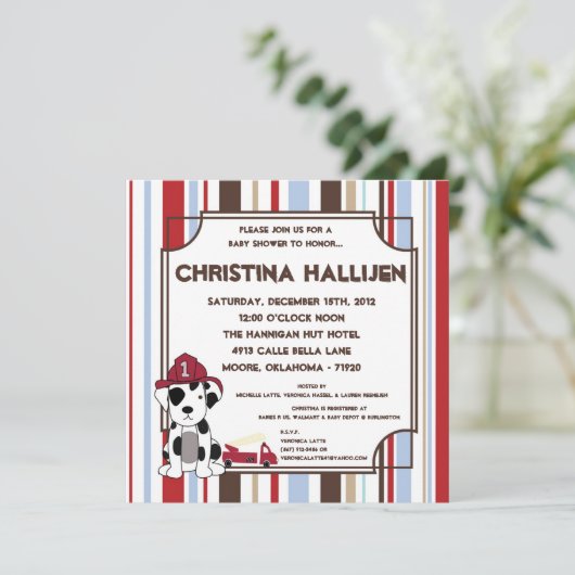 5x5 Nojo Fire Engine Baby shower Uitnodiging (Staand voorkant)