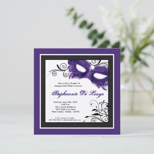 5x5 Paarse Masquerade Masker 16 Birthday Uitnodigi Kaart (Staand voorkant)