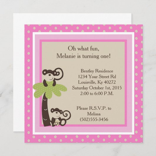 5x5 Pink Mod Monkey Time 1st Birthday Uitnodiging (Voorkant / Achterkant)