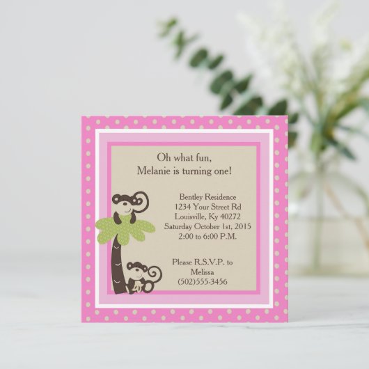 5x5 Pink Mod Monkey Time 1st Birthday Uitnodiging (Staand voorkant)