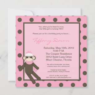 5x5 Pink Sock Monkey Speelgoed Birthday Party Invi Kaart