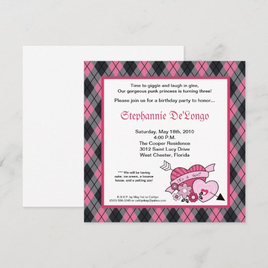 5x5 Punk EMO Rock Argyle Birthday Party Invitation Kaart (Voorkant / Achterkant)