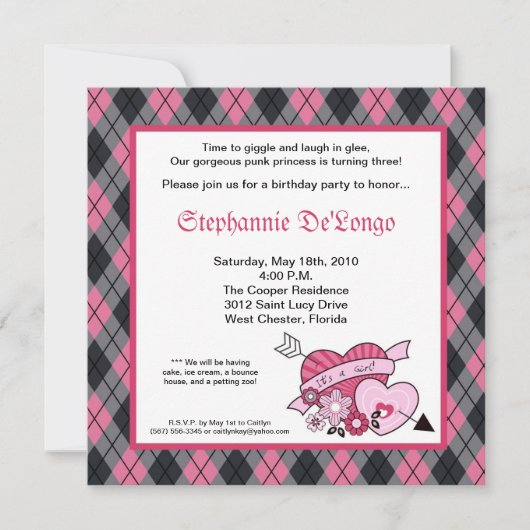 5x5 Punk EMO Rock Argyle Birthday Party Invitation Kaart (Voorkant)