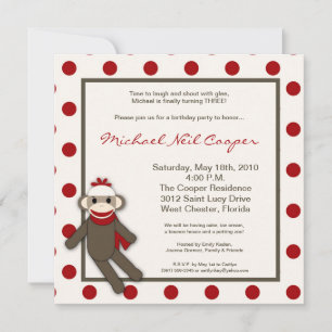 5x5 Red Sock Monkey Speelgoed Birthday Party Invit Kaart