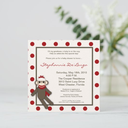 5x5 Red Sock Monkey Speelgoed Uitnodiging (Staand voorkant)