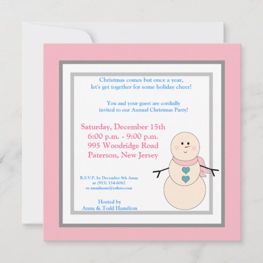 5x5 Rustic Snowman met Roze Scarf Uitnodiging (Voorkant)