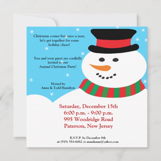 5x5 Snowy Snowman Uitnodiging (Voorkant)