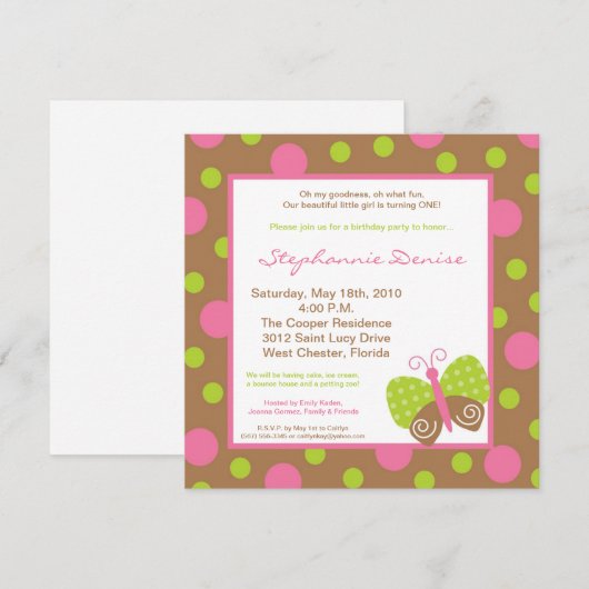 5x5 Spring Butterfly Polka Birthday Uitnodiging (Voorkant / Achterkant)