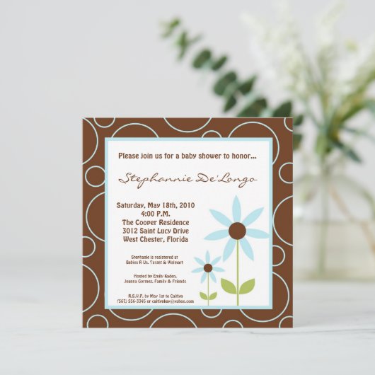 5x5 Spring Time Blue Flower Baby shower Invitation Kaart (Staand voorkant)