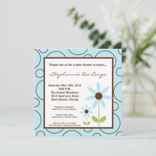 5x5 Spring Time Blue Flower Baby shower Invitation Kaart (Staand voorkant)