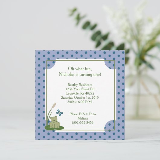 5x5 Sunny Pond Frog 1st Birthday Invitation Kaart (Staand voorkant)