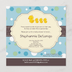 5x5 TRIPLET Boy Rubber Duck Baby shower Uitnodigin Kaart