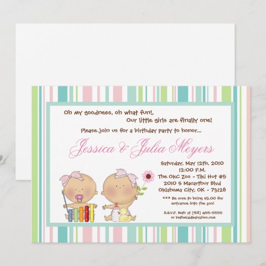 5x7 2TWINS Girl Birthday Party Invitation Kaart (Voorkant / Achterkant)