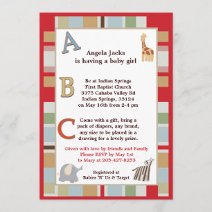 5x7 ABC Alphabet Soup Striped Baby shower Kaart