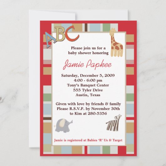 5x7 ABC Alphabet Soup Striped Baby shower Kaart (Voorkant)