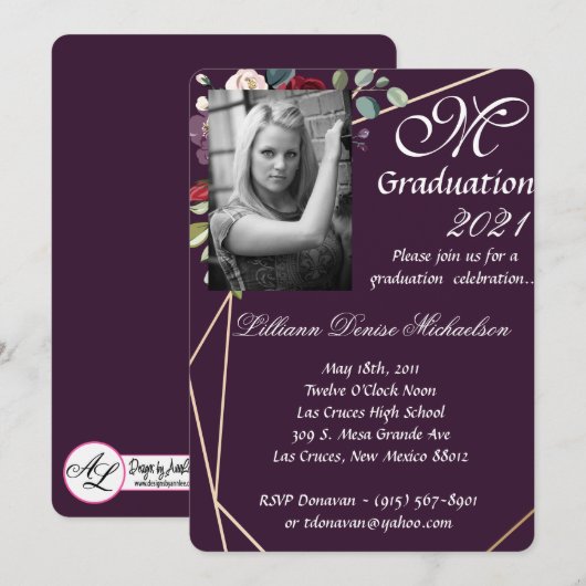 5x7 Afstuderen deel uitnodiging pruim Paarse Rozen (Voorkant / Achterkant)