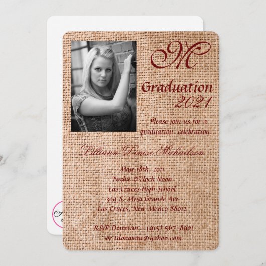 5x7 Afstuderen Deel Uitnodiging Tarwe op Burlap Sa (Voorkant / Achterkant)
