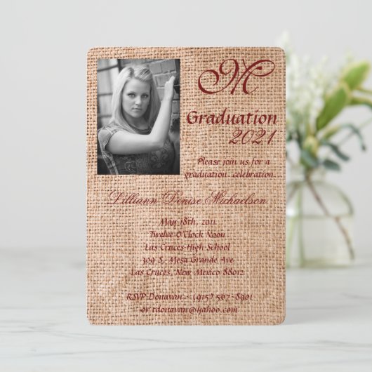 5x7 Afstuderen Deel Uitnodiging Tarwe op Burlap Sa (Staand voorkant)