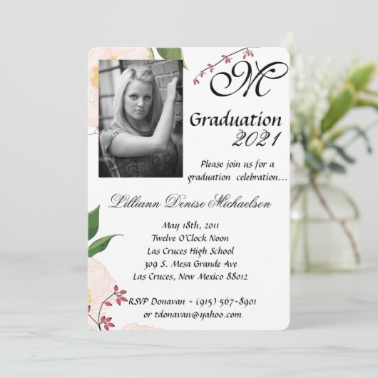 5x7 Afstuderen Part Invitation Baby Roze Kosmos op Kaart (Staand voorkant)