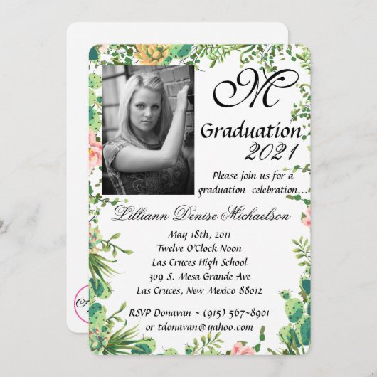 5x7 Afstuderen Part Invitation Bohemian Cactus Suc Kaart (Voorkant / Achterkant)