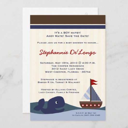 5x7 Ahoy Mate Sailboat Whal Baby shower Uitnodigin Kaart (Voorkant / Achterkant)
