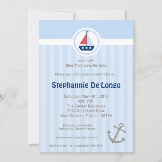 5x7 Ahoy Nautical Sail Boat Baby shower Uitnodigin Kaart (Voorkant)