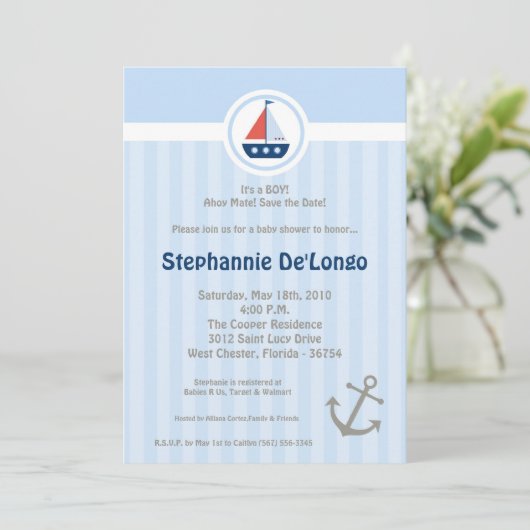 5x7 Ahoy Nautical Sail Boat Baby shower Uitnodigin Kaart (Staand voorkant)