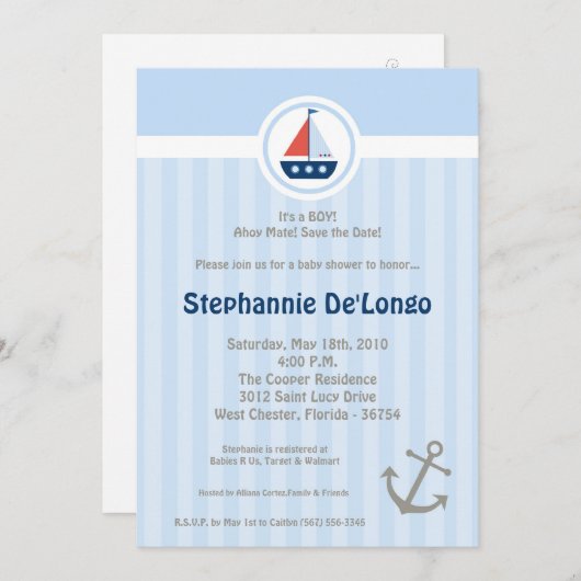 5x7 Ahoy Nautical Sail Boat Baby shower Uitnodigin Kaart (Voorkant / Achterkant)