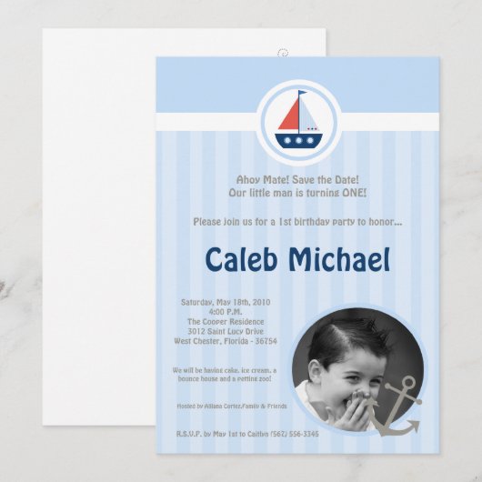 5x7 Ahoy Nautical Sail Boat Birthday Uitnodiging (Voorkant / Achterkant)