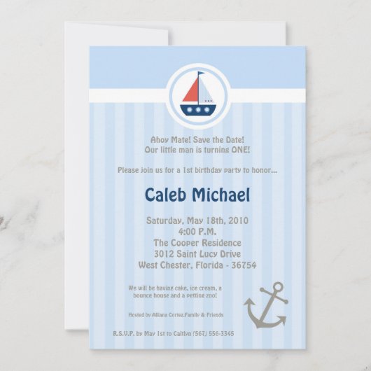 5x7 Ahoy Nautical Sail Boat Birthday Uitnodiging (Voorkant)