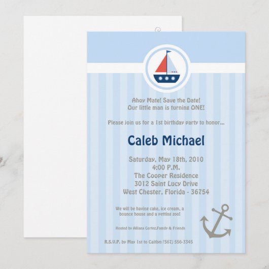 5x7 Ahoy Nautical Sail Boat Birthday Uitnodiging (Voorkant / Achterkant)