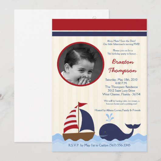 5x7 Ahoy Nautical Whale Boat Birthday Uitnodiging (Voorkant / Achterkant)
