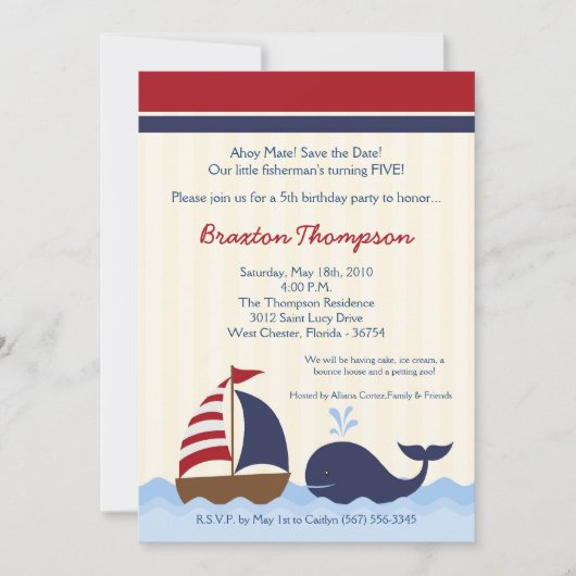 5x7 Ahoy Nautical Whale Boat Birthday Uitnodiging (Voorkant)