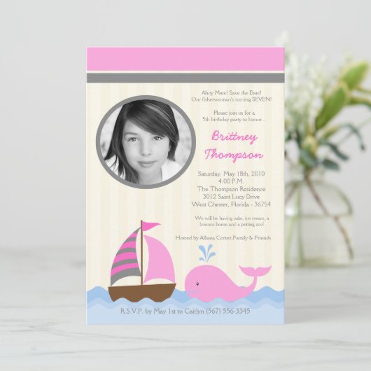 5x7 Ahoy Nautical Whale Boat Birthday Uitnodiging (Staand voorkant)
