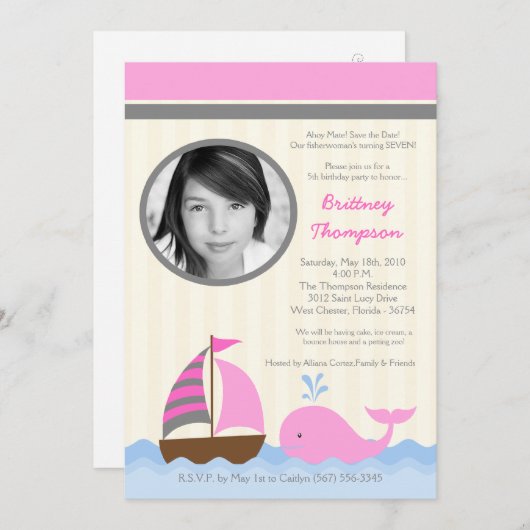 5x7 Ahoy Nautical Whale Boat Birthday Uitnodiging (Voorkant / Achterkant)