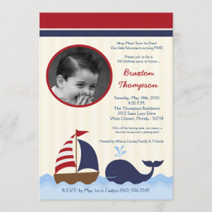5x7 Ahoy Nautical Whale Boat Birthday Uitnodiging