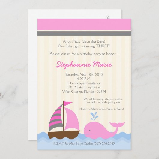 5x7 AhoyNautical Whale Boat Birthday Uitnodiging (Voorkant / Achterkant)