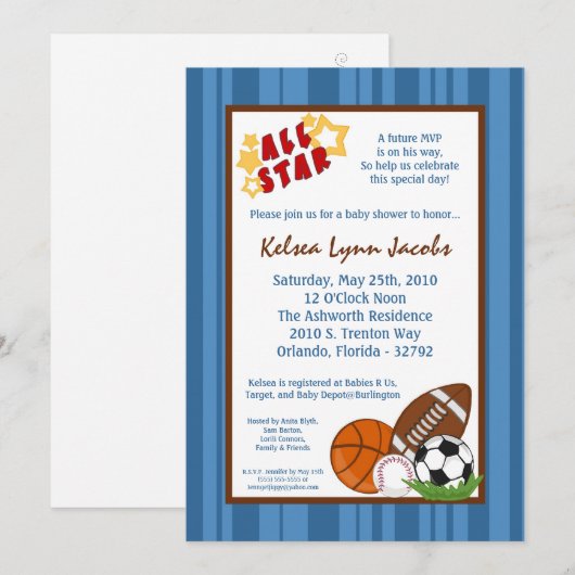 5x7 All Star MVP Sport Ball Baby shower Uitnodigin Kaart (Voorkant / Achterkant)