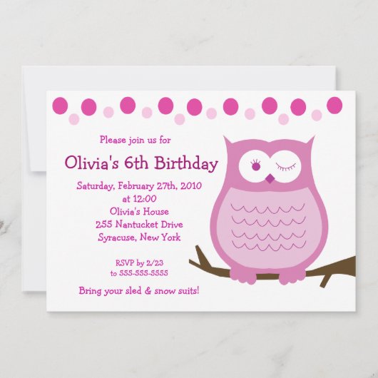 5x7 Amore Owl Pink Girl Birthday Uitnodiging (Voorkant)
