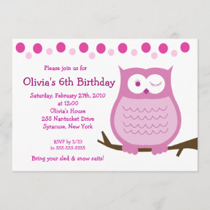 5x7 Amore Owl Pink Girl Birthday Uitnodiging