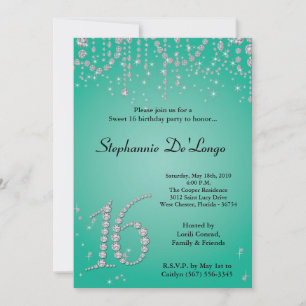 5x7 Aqua Blauwgroen Diamond Sweet 16 Birthday Uitn Kaart