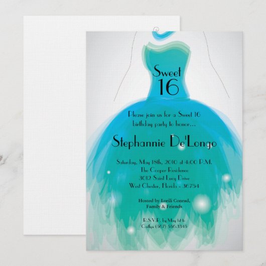 5x7 Aqua Blauwgroen Dress Sweet 16 Birthday Uitnod Kaart (Voorkant / Achterkant)