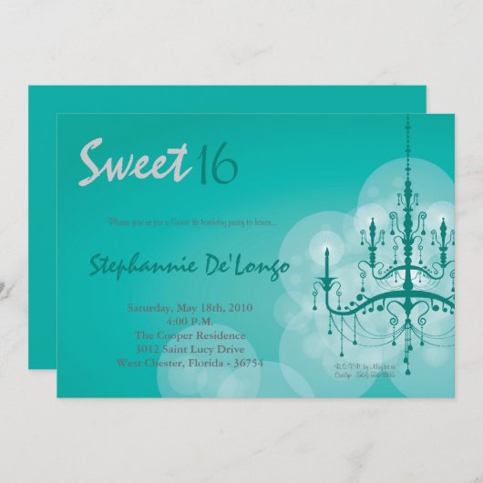 5x7 Aqua Chandelier Sweet 16 Verjaardag Uitnodigin Kaart (Voorkant / Achterkant)