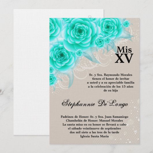 5x7 Aqua Rozen Quinceanera Birthday Uitnodiging (Voorkant / Achterkant)