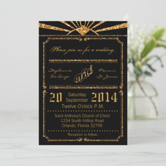 5x7 Art Deco 20's Gold Glitter Uitnodiging voor he (Staand voorkant)