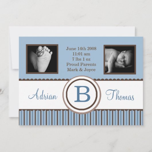 5x7 Baby Boy Blauw Gestreepte Foto Aankondiging Ge (Voorkant)
