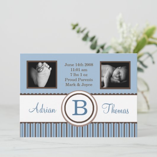 5x7 Baby Boy Blauw Gestreepte Foto Aankondiging Ge (Staand voorkant)