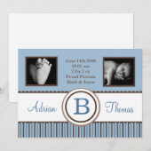 5x7 Baby Boy Blauw Gestreepte Foto Aankondiging Ge (Voorkant / Achterkant)