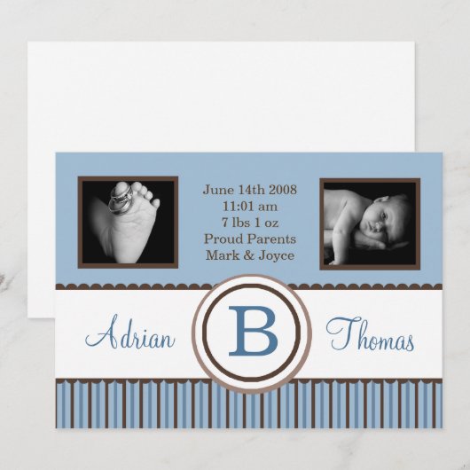 5x7 Baby Boy Blauw Gestreepte Foto Aankondiging Ge (Voorkant / Achterkant)