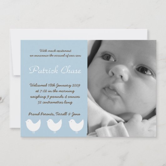 5x7 Baby Boy Blue 3 Vogels Foto Aankondiging Geboo (Voorkant)